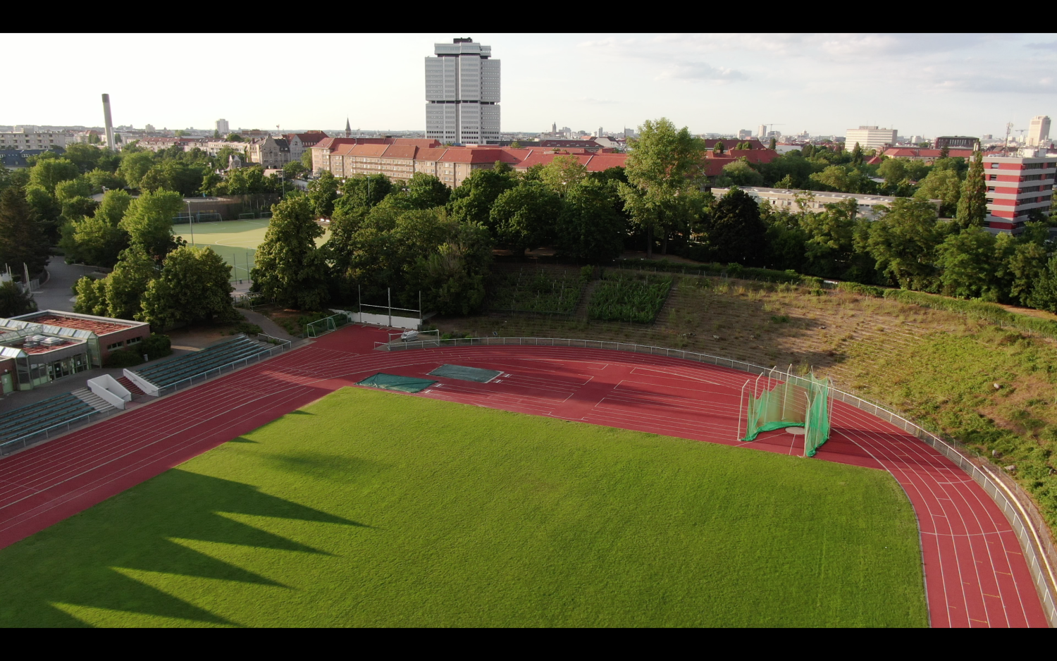 Blick von oben auf die Nordkurve des Stadion Wilmersdorf mit Schafen auf den ehemaligen Tribünen