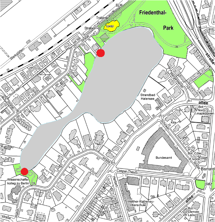 Kartenausschnitt vom Halensee und Umgebung mit rot markierten ausgewiesenen Angelplaetzen
