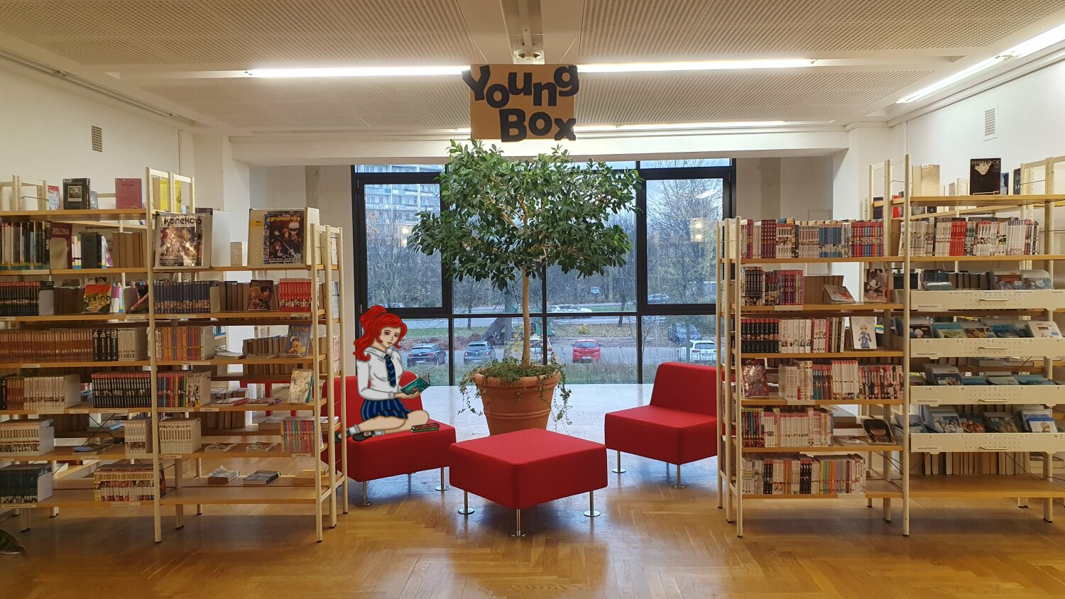 Jugendbereich der Bibliothek mit roten Sitzgelegenheiten