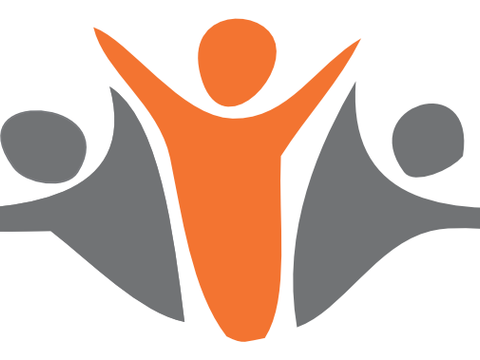 Logo der Servicestelle Jugenbeteiligung, drei stilisierte Personen mit gehobenen Armen