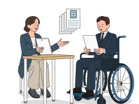 Frau und Mann sitzen an einem Schreibtisch, Rollstuhl, Behörde