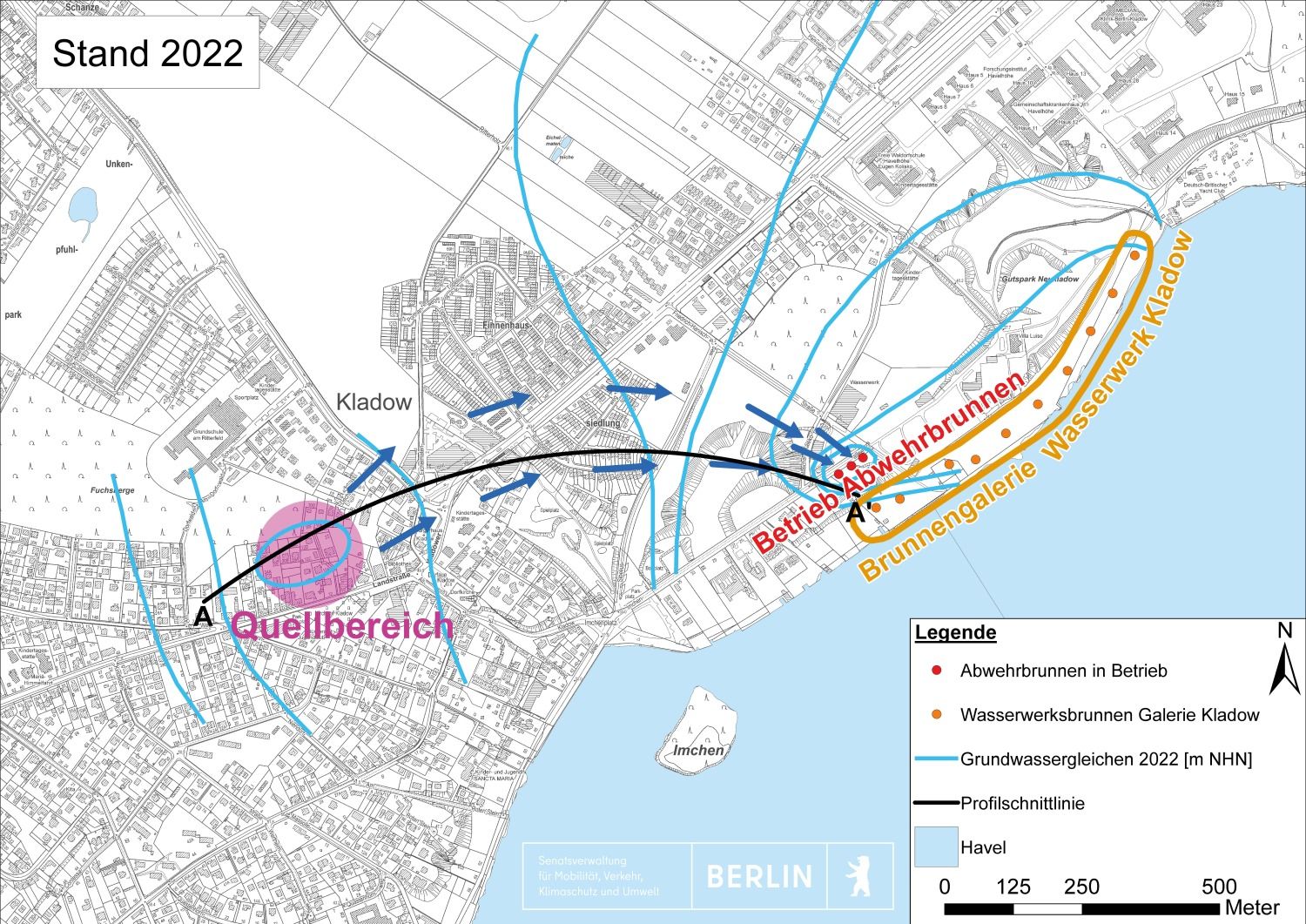 Bildvergrößerung: 2022 - Schematisierter Lageplan Projektgebiet Kladow mit Darstellung der LCKW-Verlagerung 