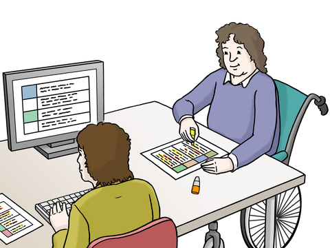 Zeichnung: zwei Menschen sitzen im Büro für Leichte Sprache