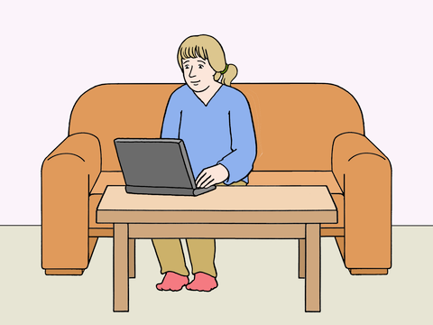 Zeichnung: eine Frau sitzt auf dem Sofa, vor ihr ein Computer