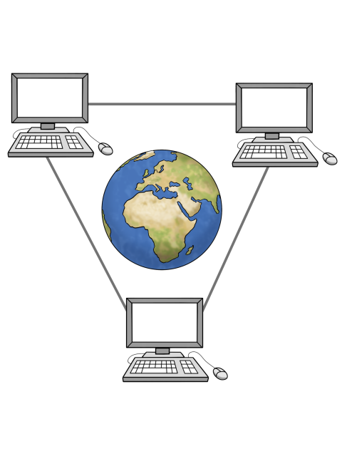 Zeichnung: drei Computer sind miteinander verbunden zu einem Netzwerk