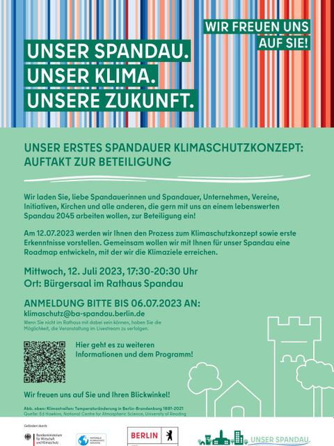 Bildvergrößerung: Plakat zur Auftaktveranstaltung zur Beteiligung am Spandauer Klimaschutzkonzept am 12. Juli 2023