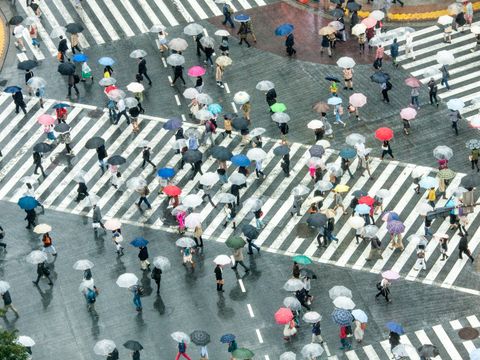 Viele Menschen überqueren bei Regen eine Kreuzung in allen Richtungen