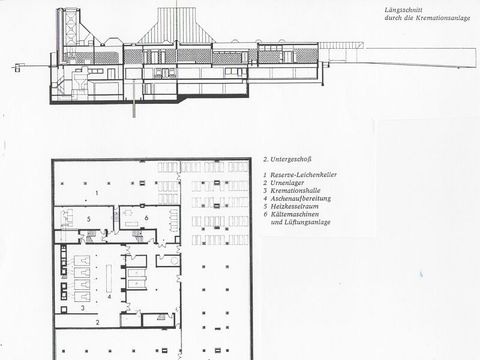 Bildvergrößerung: Krematorium Ruhleben - Längsschnitt und 2. Untergeschoss 