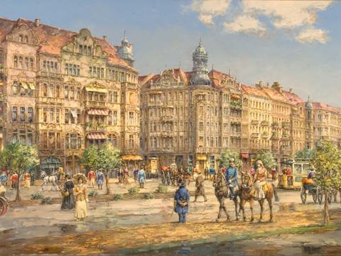 Bismarckstraße Ecke Fritschestraße 1907, Gemälde von Horst Miesler