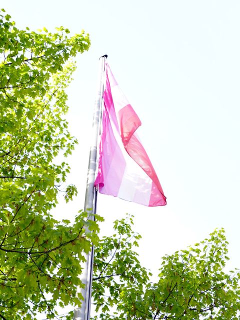 An einem Fahnenmast hängt eine Flagge mit mehreren pinken und orangenen Streifen und einem weißen Streifen in der Mitte.