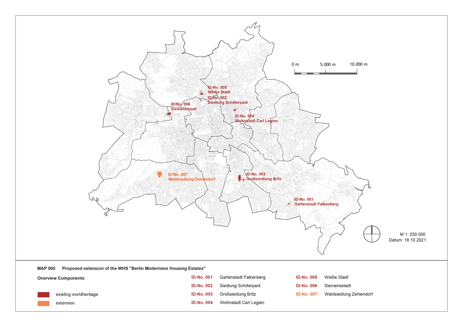 Karte mit der Lage der Berliner Welterbesiedlungen inklusive Waldsiedlung Zehlendorf