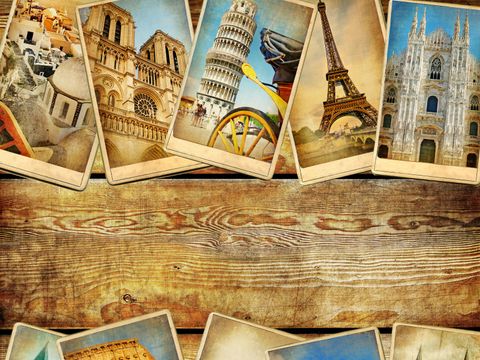 Vintage Collage von Fotos aus Europa mit Holzbalken in der Mitte
