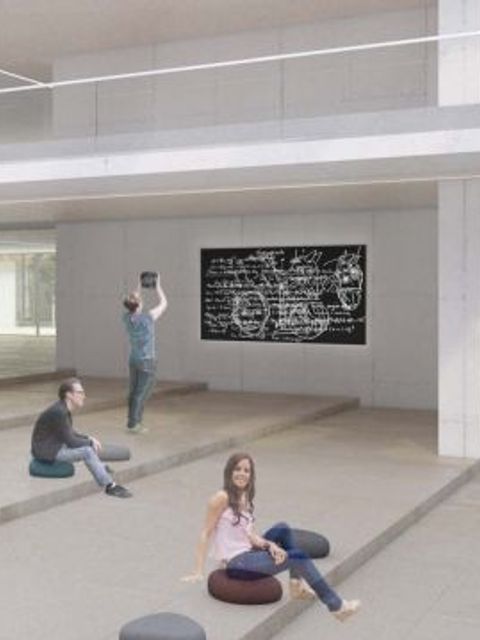 Geplante Foyer mit einem großen digitalen Bildschirm an der Wand, der im Gesichte einer "historischen Schultafel" alle Tafelanschriebe der Whiteboards wiedergibt.