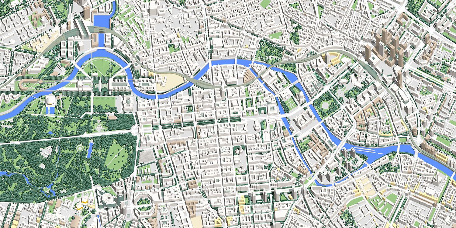 Ausschnitt aus dem digitalen 3D-Modell mit Darstellung der Historischen Mitte von Berlin (Stand: Januar 2023)