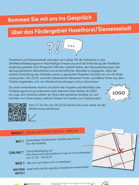 Bildvergrößerung: Plakat zu Infoständen und Logo-Abstimmung im Fördergebiet Haselhorst-Siemensstadt