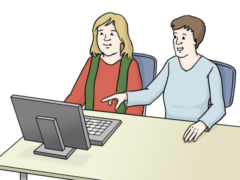 Zeichnung: Assistent hilft einer Frau am Computer
