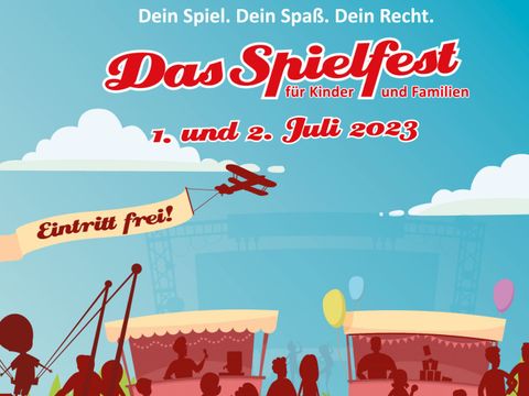 Buntes Plakat mit Das Spielfest 1. und 2. Juli 2023