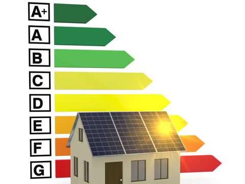 Energie-Effizienz-Maßstab hinter einem Haus mit einer Photovoltarikanlage