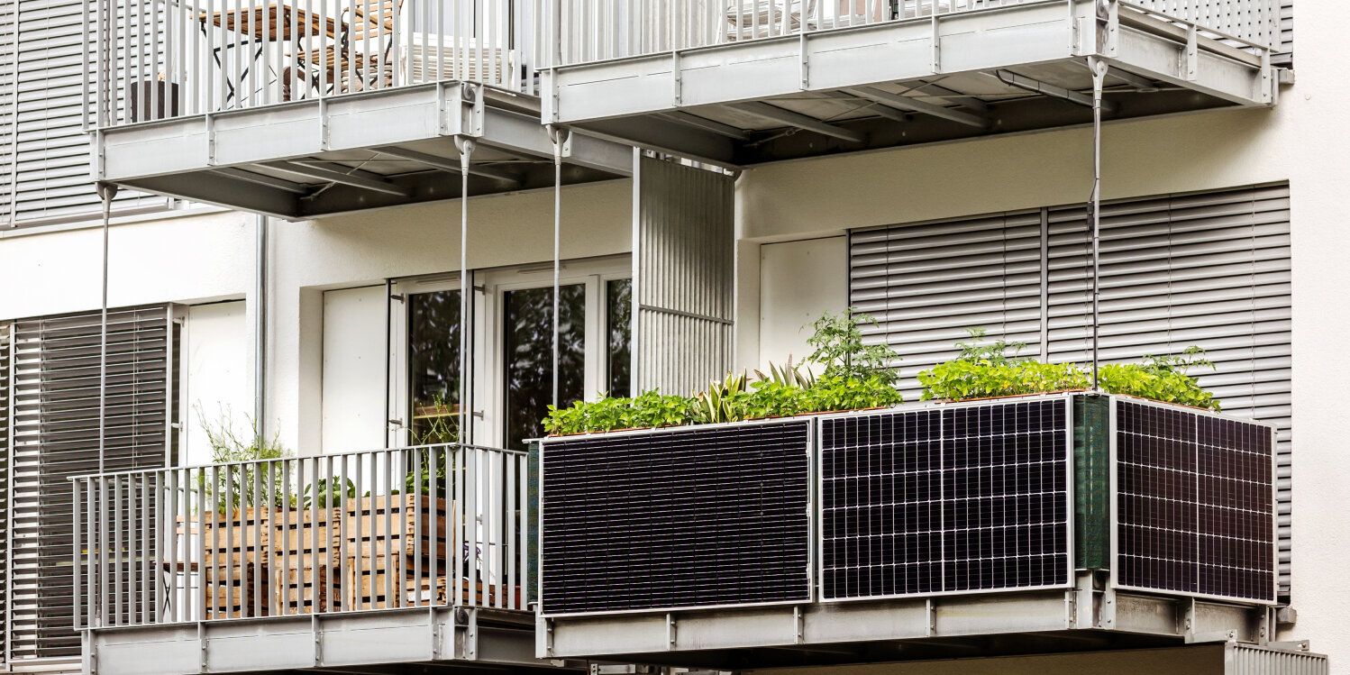 Solar panels on Balcony of Building. Modern Balcony Apartment with Solar panel.