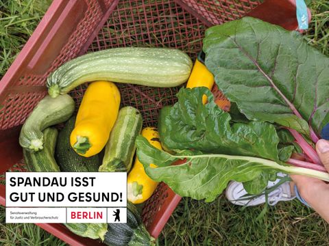 Bildvergrößerung: Ein Gemüsekorb (Hintergrund) und der Schriftzug "Spandau isst gut und gesund".