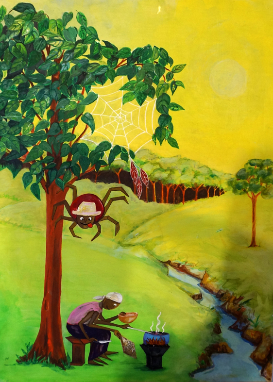 Gemaltes Bild mit Flußlandschaft. Eine Spinne mit Hut sitzt in einem Baum, unter dem eine Frau am Feuer Fisch brät.