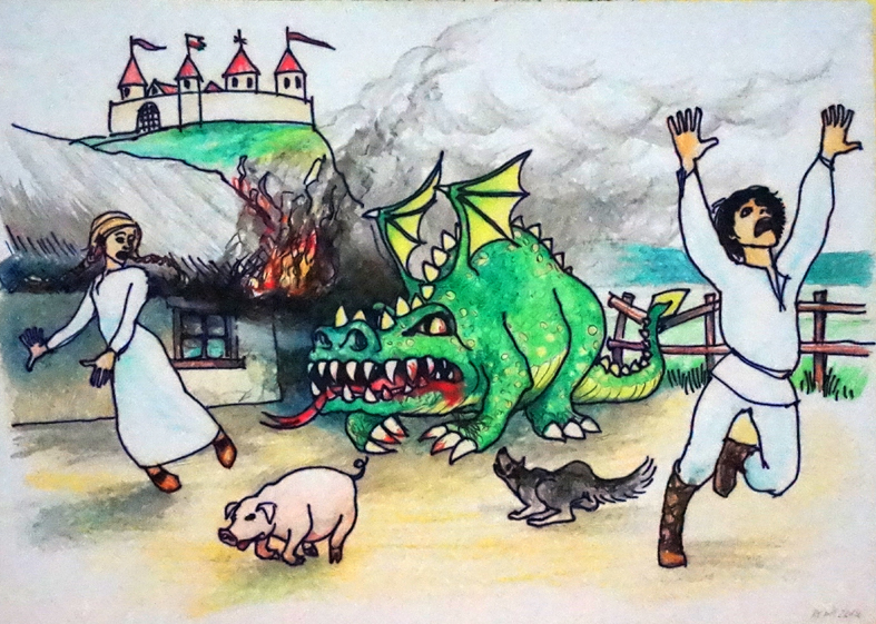 Gemaltes Bild auf dem ein grüner Drache Feuer speit und Menschen und Tiere vor dem Drachen fliehen.