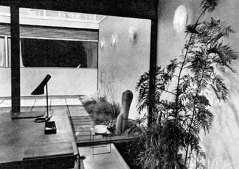 Blick vom Wohnzimmer in das Atrium mit durchlaufendem Pflanzbeet, 1958