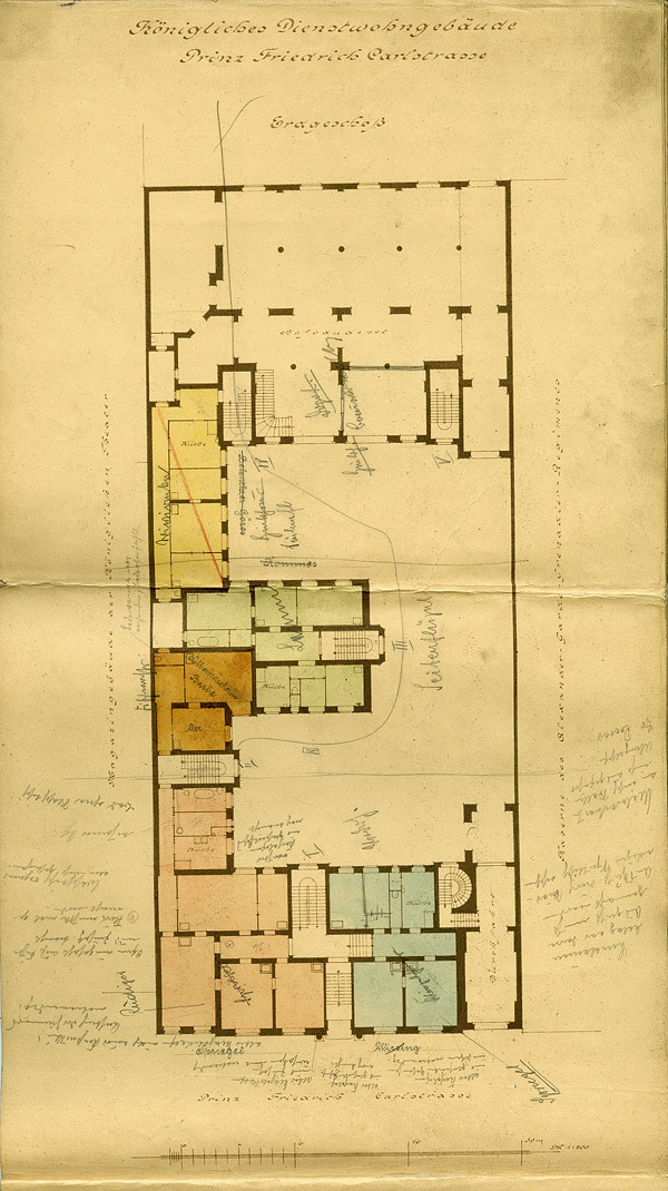 Grundriss Erdgeschoss mit handschriftlichen Bemerkungen, um 1905