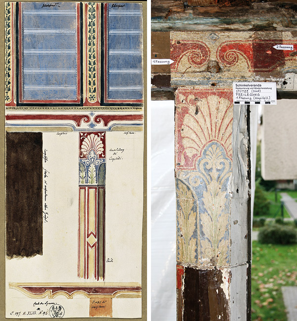 links: Farbige Entwurfszeichnung von Schinkel; rechts: Originale Farbigkeit Schinkels (um 1825), Teilfreilegung 1999