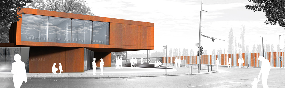 Visualisierung 1. Preis: Blick von der Bergstraße auf das Besucherzentrum und die Gedenkstätte