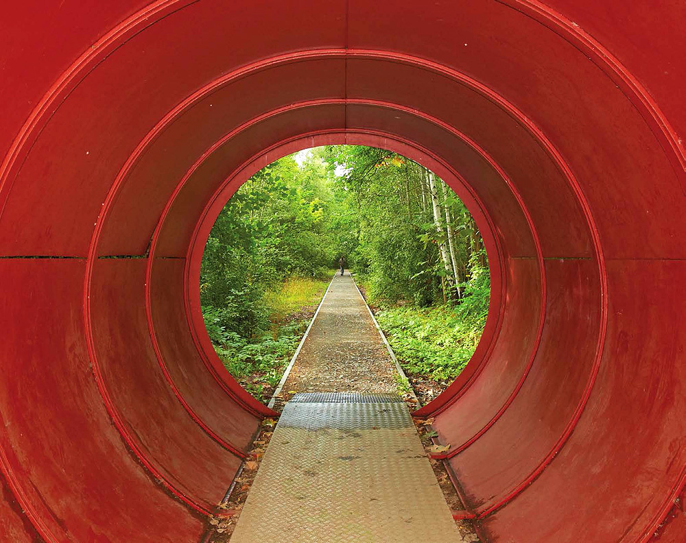 Das Foto zeigt einen Blick durch eine große rote tunnelartige Röhre, die sogenannte Beschleunigungsröhre – eines der vielen Kunstobjekte im Park. Der Weg führt über ein Riffelblech geradewegs durch die Röhre hindurch und verläuft dahinter schnurgerade durch einen dicht bewachsenen Bereich des Natur-Parks. Die Röhre markiert den Wechsel vom „technischen“ „Gebäude-Bereich“ des Geländes zur Natur „ins Grüne“.