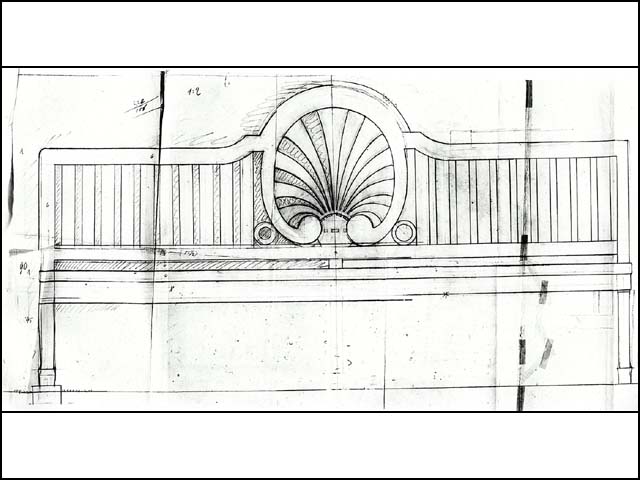 Historischer Plan von Erwin Barth - Gustav-Adolf-Platz (Mierendorffplatz), Entwurf für eine Bank mit Palmettenmotiv für die Schmuckanlage, M 1:2, um 1912, Bleistift/Transp.