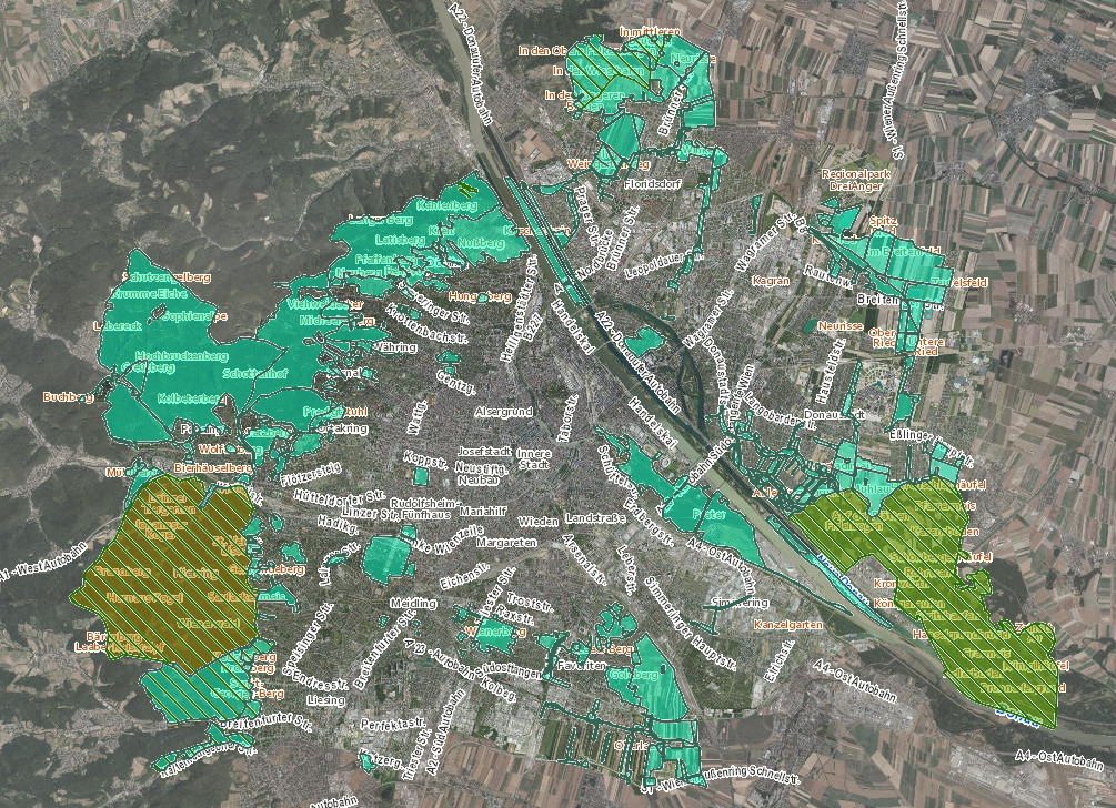 Wien – Biosphärenreservat im Südwesten, Nationalpark im Südosten, grüne Flächen: Landschaftsschutzgebiete