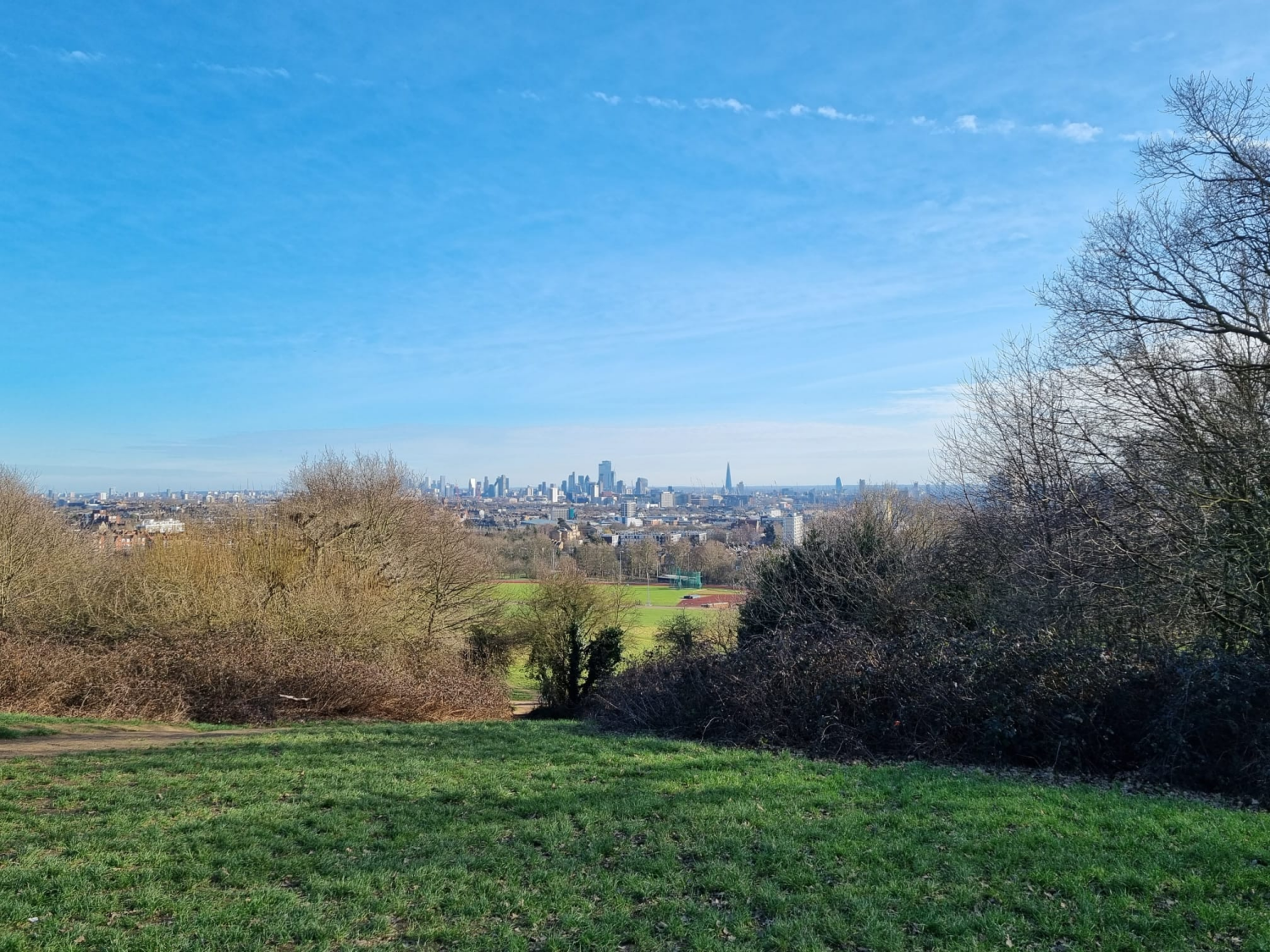 Blick über die City vom Parliament Hill im Park Hampstead Heath