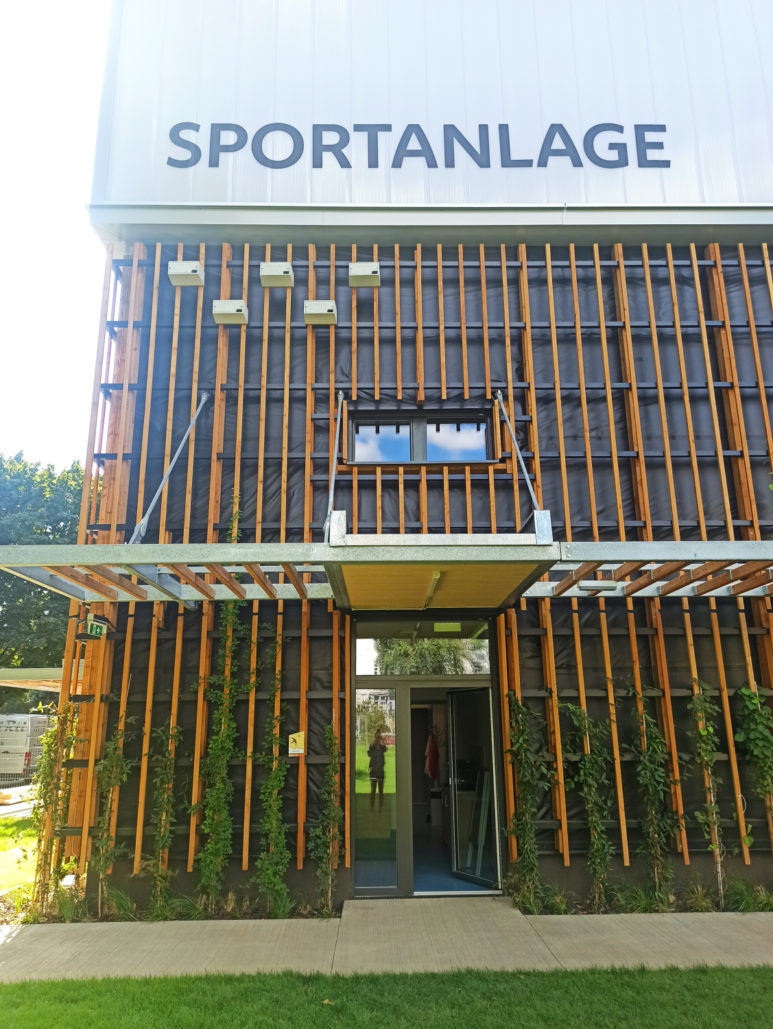 Neu errichtete städtische Sporthalle mit Fassadenbegrünung und Nistkästen