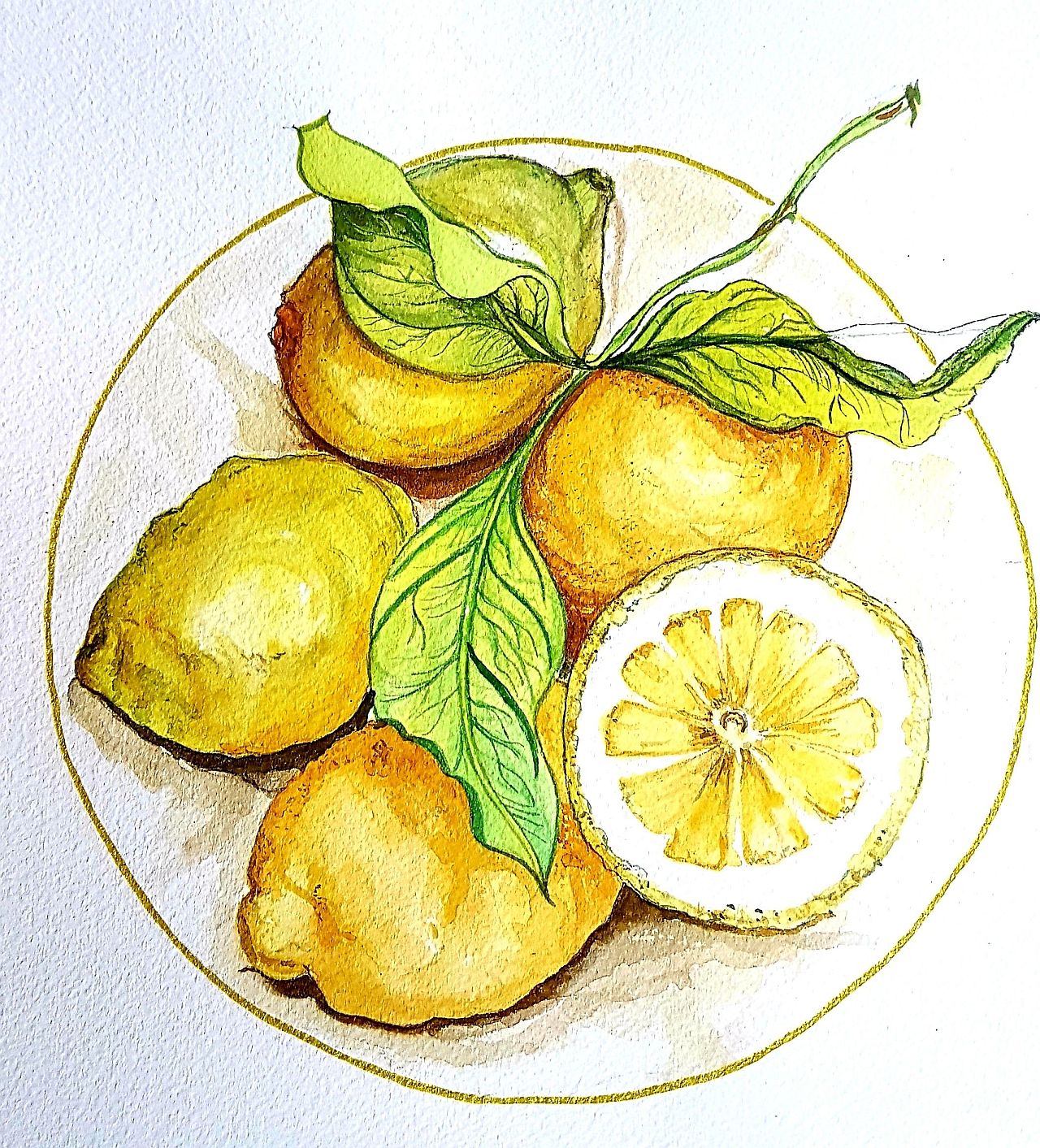 Zitronen - Das Aquarell zeigt fünf leuchtend gelbe Zitrone mit runzeliger Schale, eine davon halbiert, mit drei Blättern auf einem angedeuteten Teller
