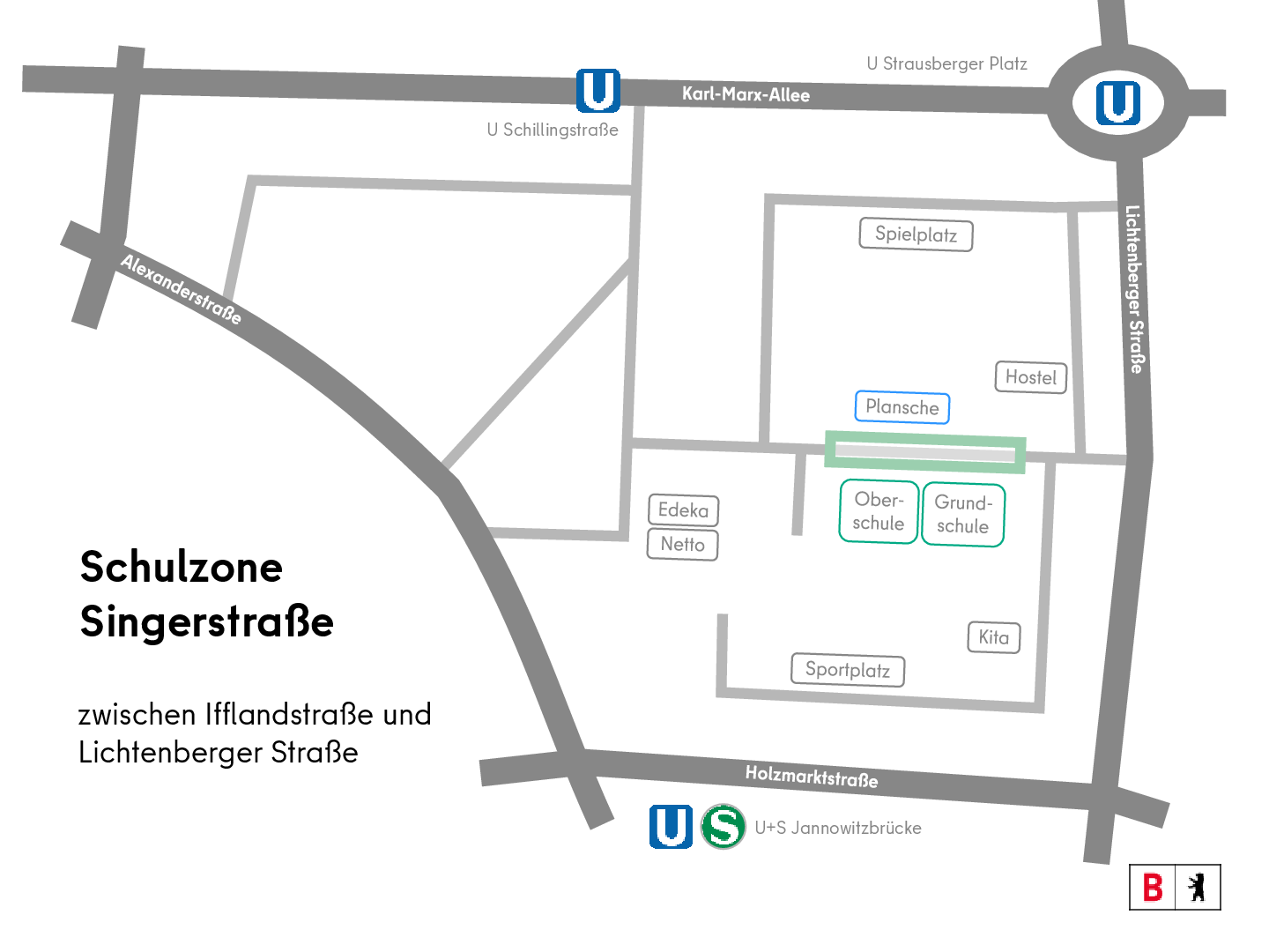Singerstraße: Grafik mit Schulzone und Elterntaxi-Routen