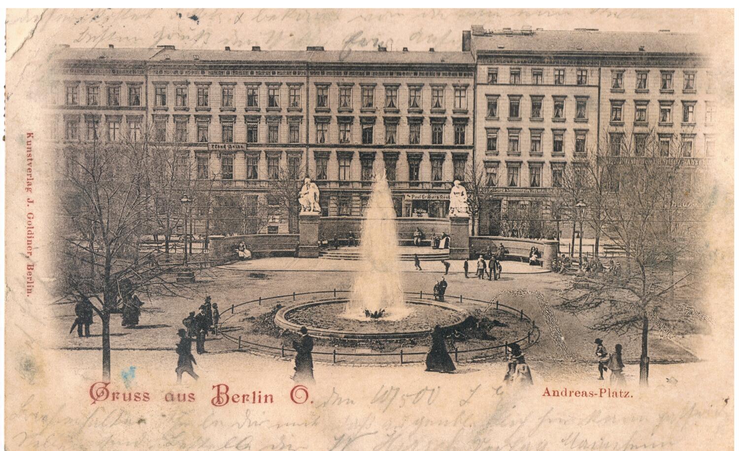 Plastik „Mutter mit Kind“ auf dem Andreasplatz, Postkarte um 1910