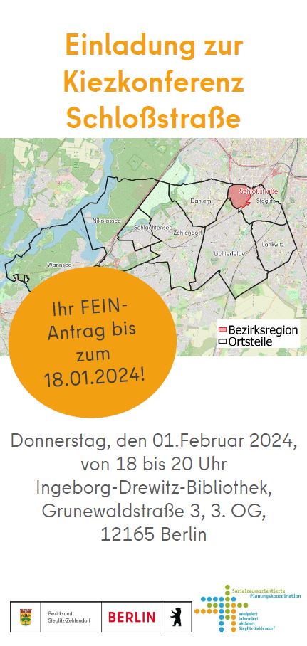 Einladung zur Kiezkonferenz Schloßstraße am 01.02.2024 (Vorderseite des Flyers)