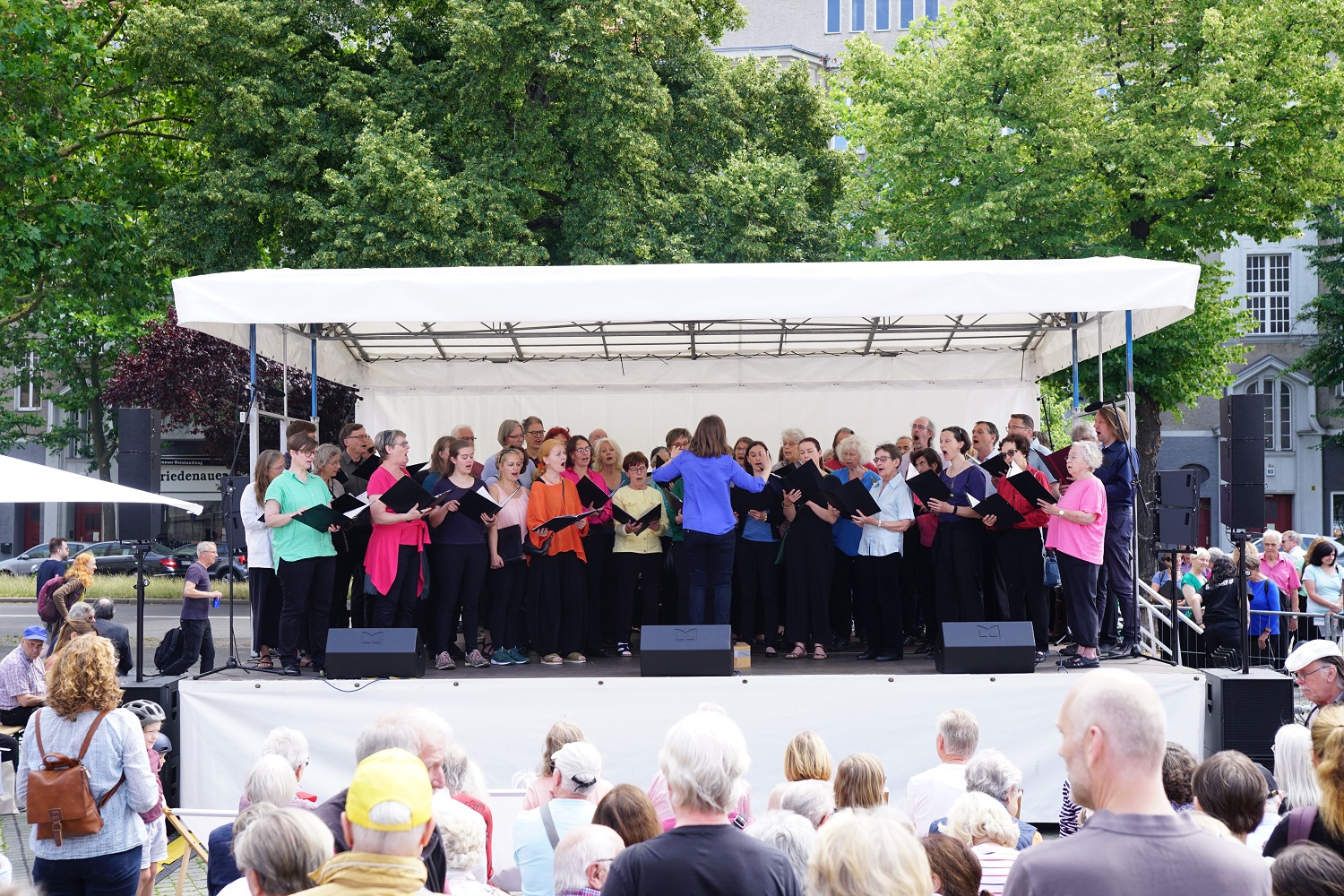 viele singende Menschen auf einer Open-Air-Bühne