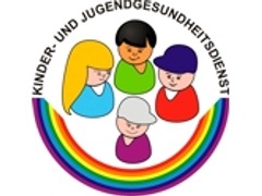 Logo des Kinder- und Jugendgesundheitsdienstes, Grafik mit vier Kindern, Regenbogen und Schrift