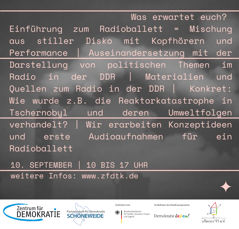 Flyer Workshop für ein Radioballett zum DDR Hörfunk mit Informationen