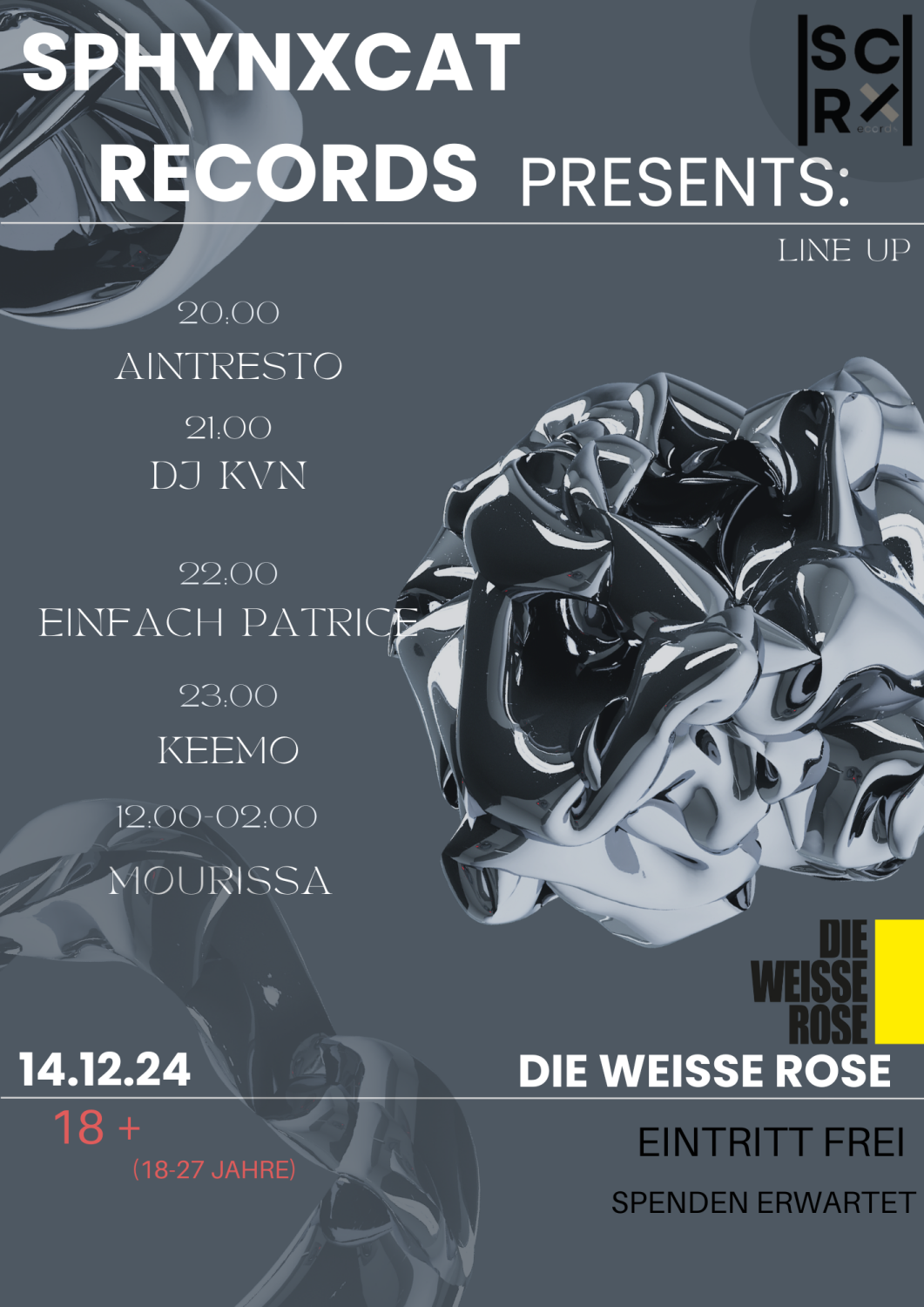 flyer für die techno veranstaltung am 14.12.24 - alle infos auf dem pogramm stehen auch auf der webseite 