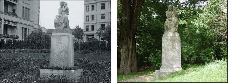 Fotovergleich historisch und heute - Die Faungruppe vom Kuno-Fischer-Platz steht heute an einem anderen Standort