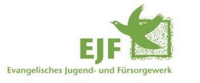 Schriftzug EJF daneben ein skizzierte Vogel vor einem Quadrat Schriftzug Evangelisches Jugend- und Fürsorgewerk