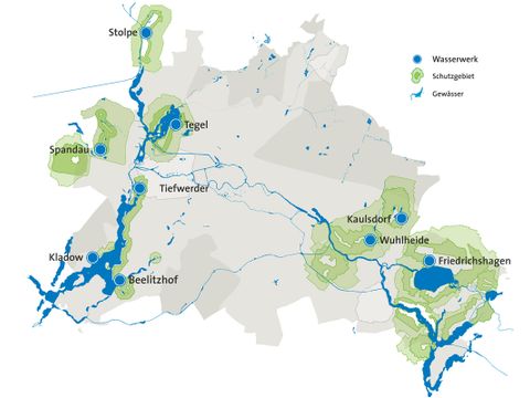 Lage der Berliner Wasserwerke mit den zugehörigen Schutzzonen