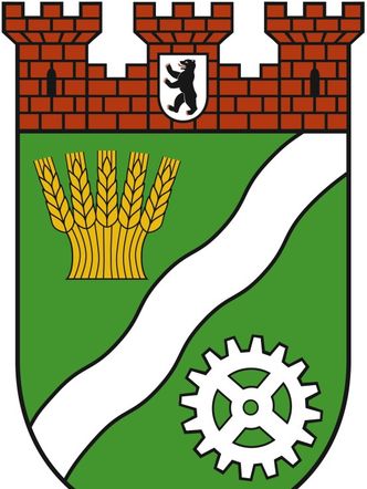 Wappen vom Bezirk Marzahn-Hellersdorf auf dem Korngarben mit 5 Ähren, ein Wellenbalken und ein Zahnrad sowie eine rote dreitürmige Mauerkrone zu sehen sind.