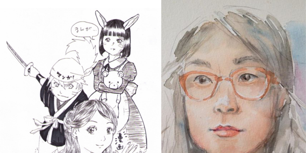 Manga-Figuren und Selbstportrait Ai Yokoyama im Manga-Stil