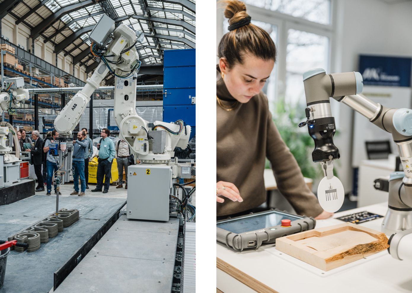 Collage aus zwei Bildern. Links ein Roboterarm in einer Halle, rechts eine Frau an einem kleine Roboterarm auf einem Tisch