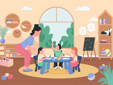 Art class in kindergarten flat color vector illustration